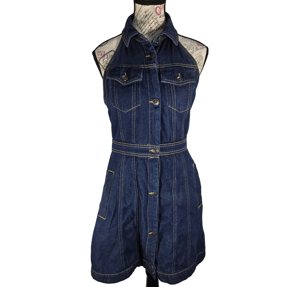 Future Collective Dress Womens 4 Alani Noelle Blue Denim Halter Button EUC